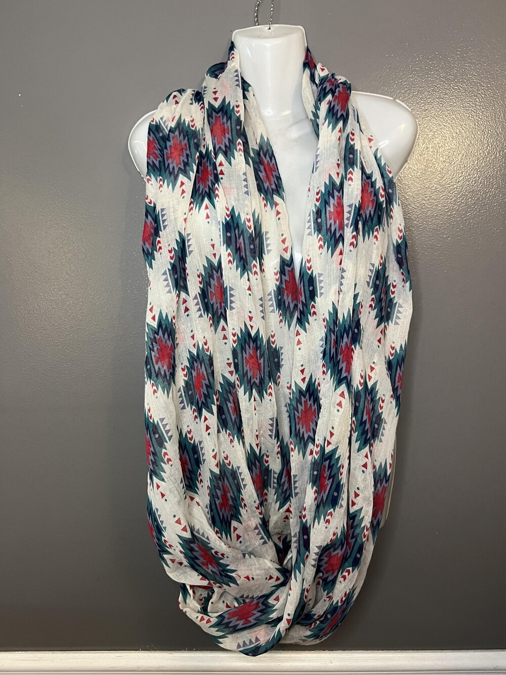 Aztec Southwestern Scarf Womens One Size Red Teal Geometric Lightweight Shawl